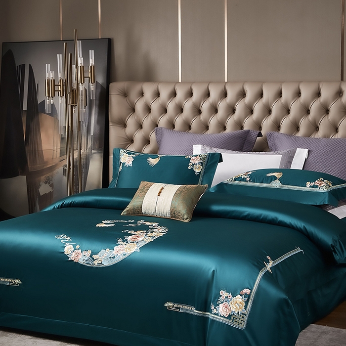 91家纺网 家纺一手货源 找家纺 爱情故事 2025新款100支新疆长绒棉刺绣四件套 花月-绿