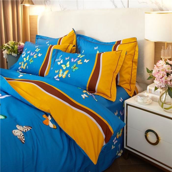 91家纺网 家纺一手货源 找家纺 沐白家居 2023全棉大版生态磨毛四件套 彩蝶飘飘-兰