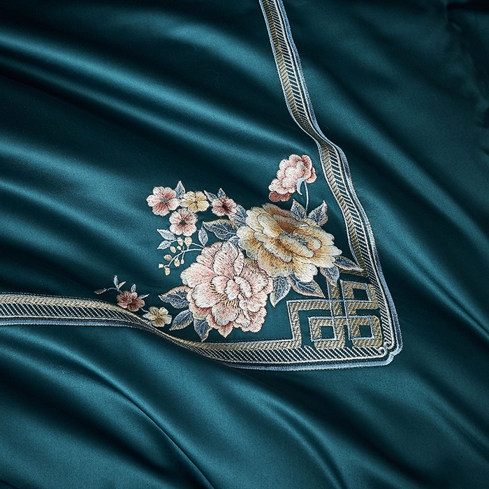 91家纺网 家纺一手货源 找家纺 爱情故事 2025新款100支新疆长绒棉刺绣四件套 花月-绿