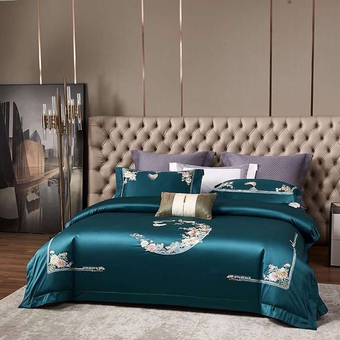 91家纺网 家纺一手货源 找家纺 爱情故事 2025新款100支新疆长绒棉刺绣四件套 花月-绿