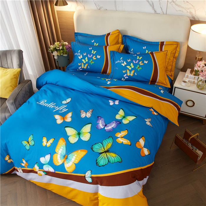 91家纺网 家纺一手货源 找家纺 沐白家居 2023全棉大版生态磨毛四件套 彩蝶飘飘-兰