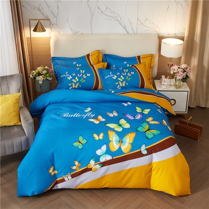 沐白家居 2023全棉大版生态磨毛四件套 彩蝶飘飘-兰