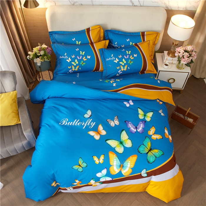 91家纺网 家纺一手货源 找家纺 沐白家居 2023全棉大版生态磨毛四件套 彩蝶飘飘-兰