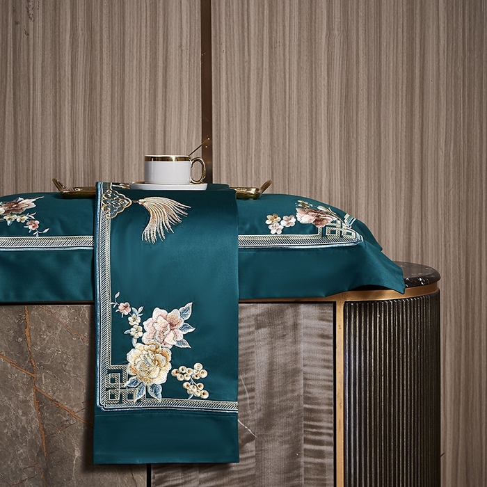 91家纺网 家纺一手货源 找家纺 爱情故事 2025新款100支新疆长绒棉刺绣四件套 花月-绿