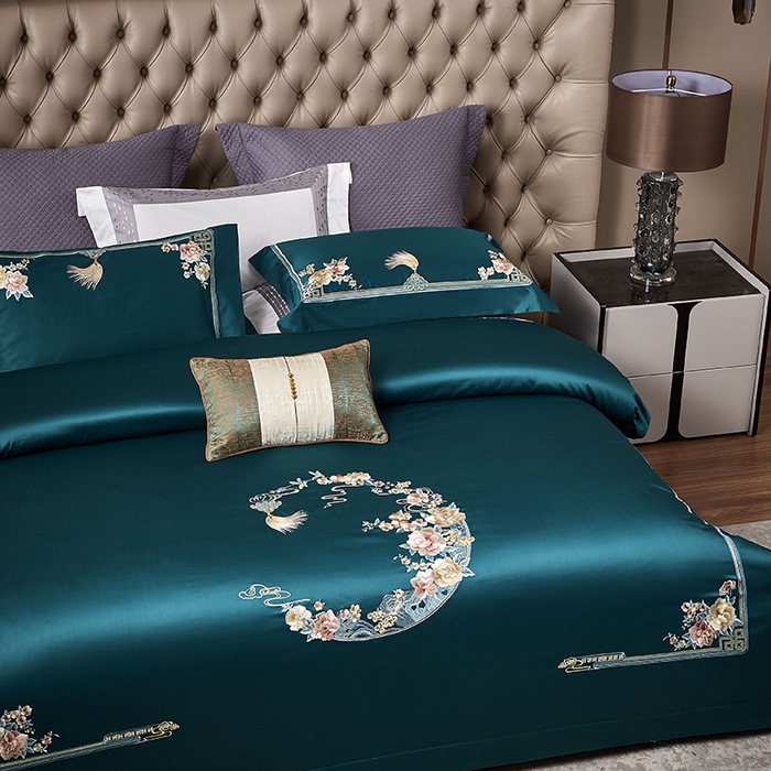 91家纺网 家纺一手货源 找家纺 爱情故事 2025新款100支新疆长绒棉刺绣四件套 花月-绿