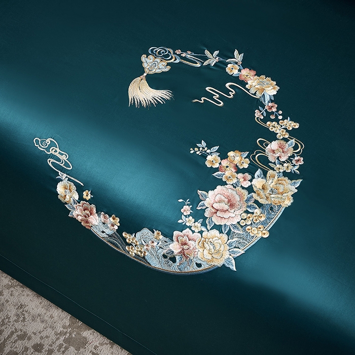 91家纺网 家纺一手货源 找家纺 爱情故事 2025新款100支新疆长绒棉刺绣四件套 花月-绿