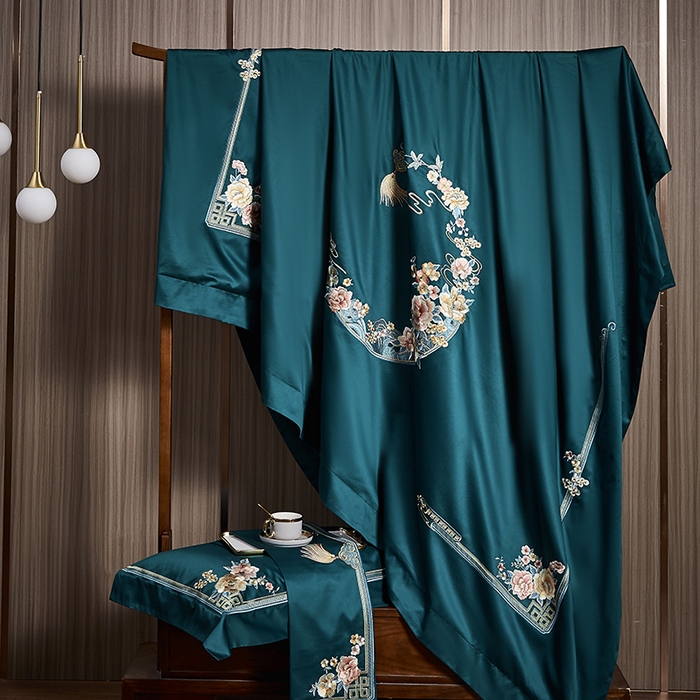 91家纺网 家纺一手货源 找家纺 爱情故事 2025新款100支新疆长绒棉刺绣四件套 花月-绿