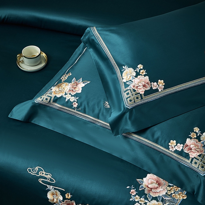 91家纺网 家纺一手货源 找家纺 爱情故事 2025新款100支新疆长绒棉刺绣四件套 花月-绿