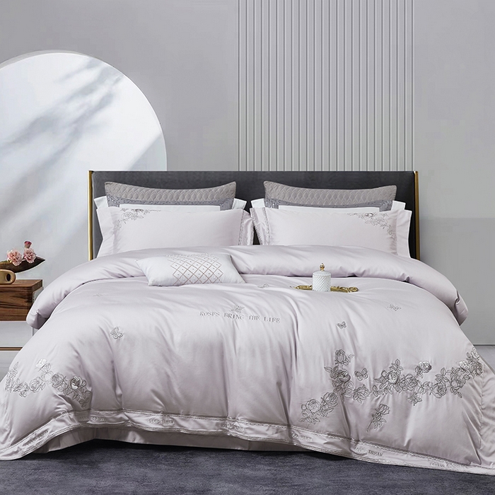 91家纺网 家纺一手货源 找家纺 爱情故事 2025新款100支新疆长绒棉刺绣四件套 蝶恋花（灰紫）