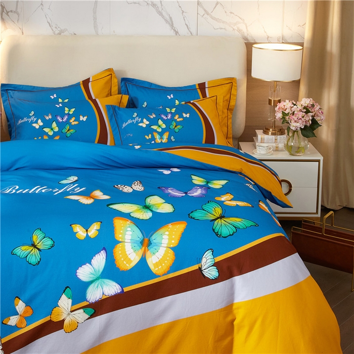 91家纺网 家纺一手货源 找家纺 沐白家居 2023全棉大版生态磨毛四件套 彩蝶飘飘-兰