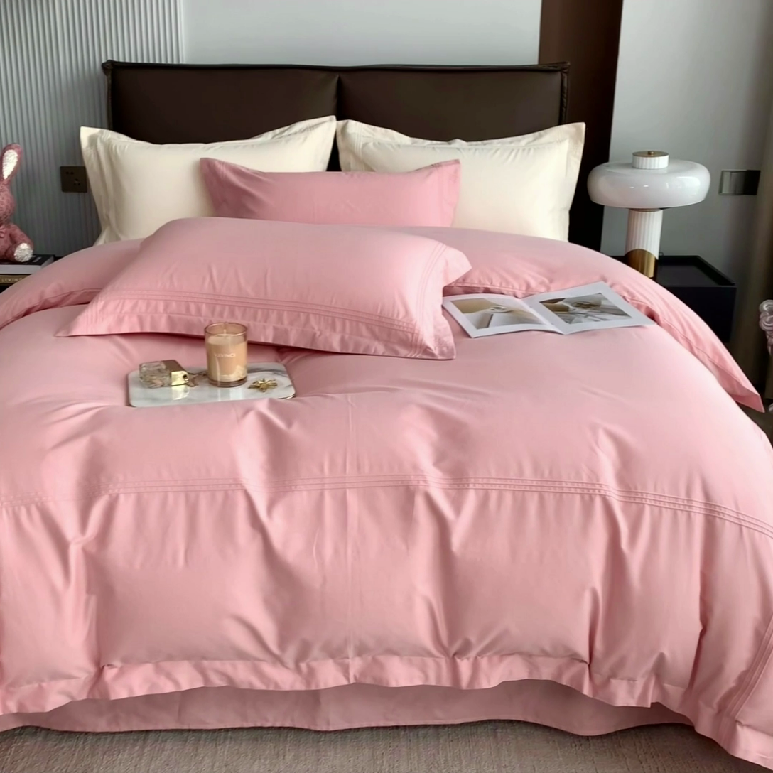 91家纺网 家纺一手货源 找家纺 丝幔 2025新款60S长绒棉埋绳全棉四件套系列 豆沙粉