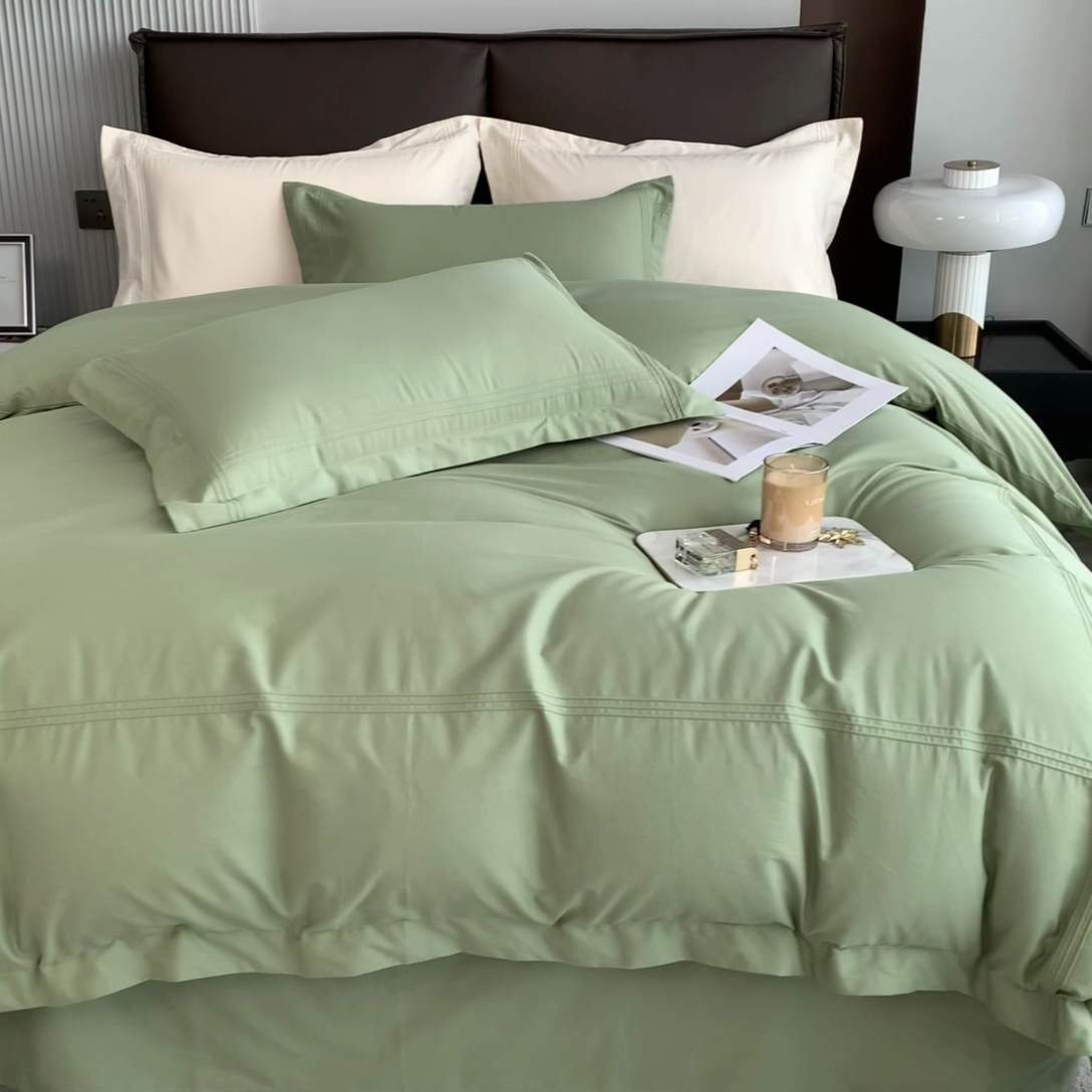 91家纺网 家纺一手货源 找家纺 丝幔 2025新款60S长绒棉埋绳全棉四件套系列 牛油果绿