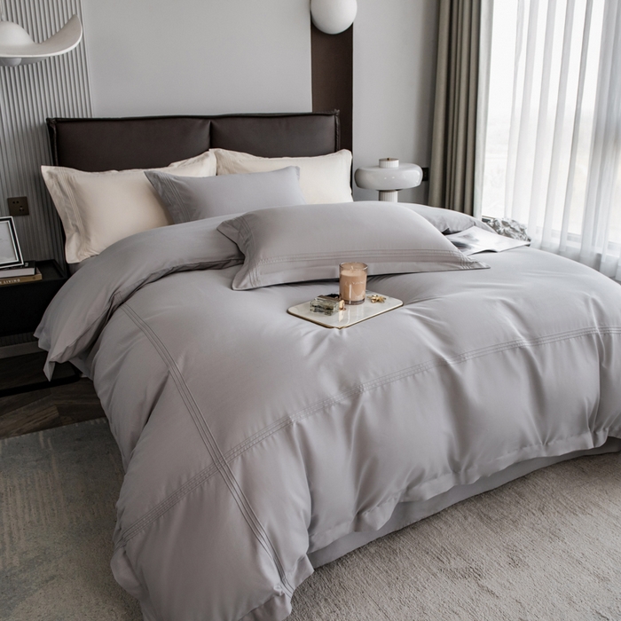 91家纺网 家纺一手货源 找家纺 丝幔 2025新款60S长绒棉埋绳全棉四件套系列 绅士灰