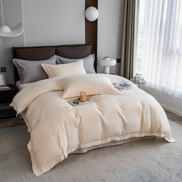 91家纺网 家纺一手货源 找家纺 丝幔 2025新款60S长绒棉埋绳全棉四件套系列 奶昔白