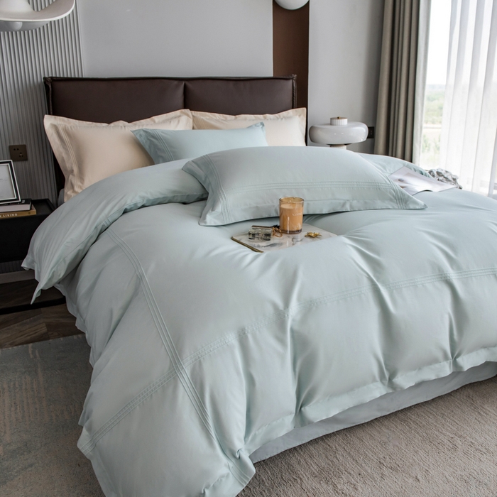 91家纺网 家纺一手货源 找家纺 丝幔 2025新款60S长绒棉埋绳全棉四件套系列 飘蓝