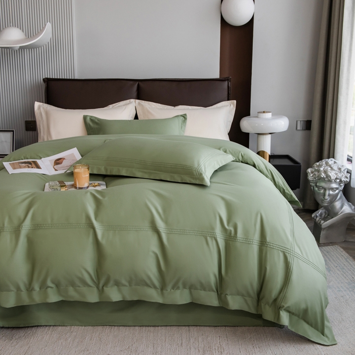 91家纺网 家纺一手货源 找家纺 丝幔 2025新款60S长绒棉埋绳全棉四件套系列 牛油果绿