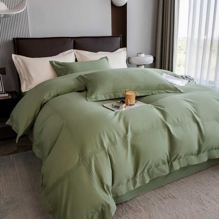 91家纺网 家纺一手货源 找家纺 丝幔 2025新款60S长绒棉埋绳全棉四件套系列 牛油果绿