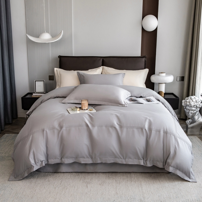 91家纺网 家纺一手货源 找家纺 丝幔 2025新款60S长绒棉埋绳全棉四件套系列 绅士灰