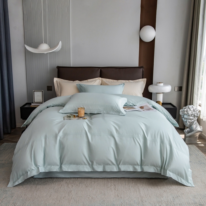 91家纺网 家纺一手货源 找家纺 丝幔 2025新款60S长绒棉埋绳全棉四件套系列 飘蓝