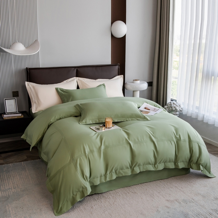 91家纺网 家纺一手货源 找家纺 丝幔 2025新款60S长绒棉埋绳全棉四件套系列 牛油果绿