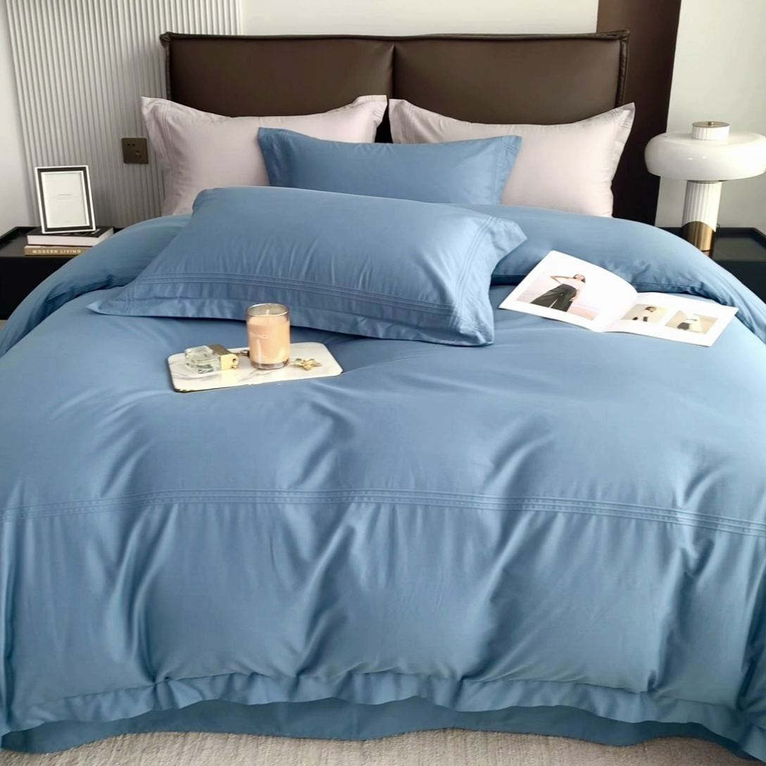 91家纺网 家纺一手货源 找家纺 丝幔 2025新款60S长绒棉埋绳全棉四件套系列 宾利蓝