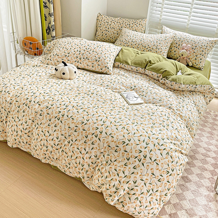 91家纺网 家纺一手货源 找家纺 新款超柔提花有氧小竺棉双层纱三件套四件套 白荔