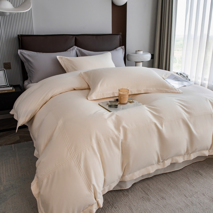 91家纺网 家纺一手货源 找家纺 丝幔 2025新款60S长绒棉埋绳全棉四件套系列 奶昔白