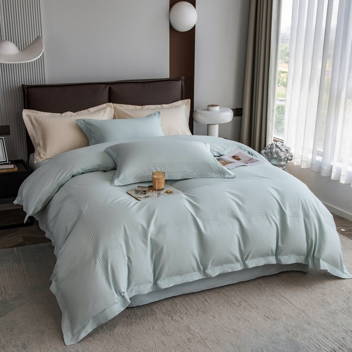 91家纺网 家纺一手货源 找家纺 丝幔 2025新款60S长绒棉埋绳全棉四件套系列 飘蓝