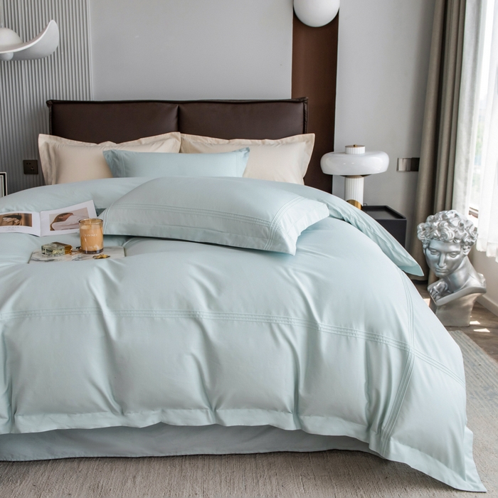 91家纺网 家纺一手货源 找家纺 丝幔 2025新款60S长绒棉埋绳全棉四件套系列 飘蓝