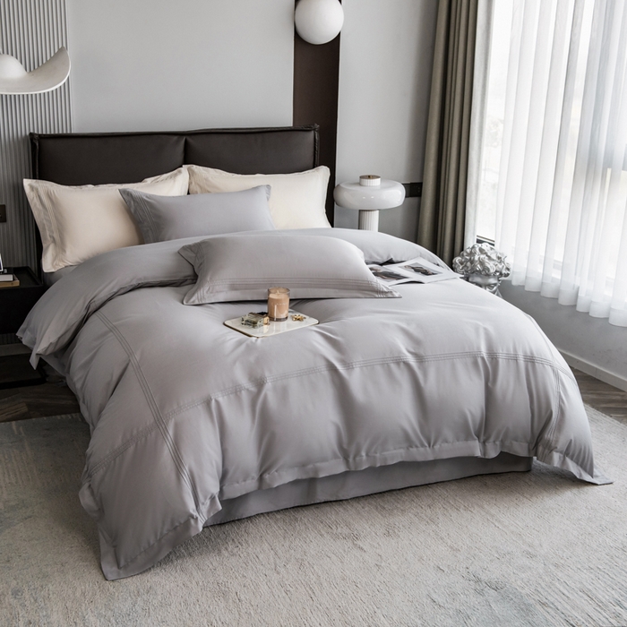 91家纺网 家纺一手货源 找家纺 丝幔 2025新款60S长绒棉埋绳全棉四件套系列 绅士灰