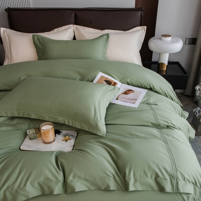 91家纺网 家纺一手货源 找家纺 丝幔 2025新款60S长绒棉埋绳全棉四件套系列 牛油果绿