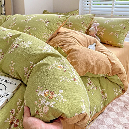91家纺网 家纺一手货源 找家纺 新款超柔提花有氧小竺棉双层纱三件套四件套 绿萝