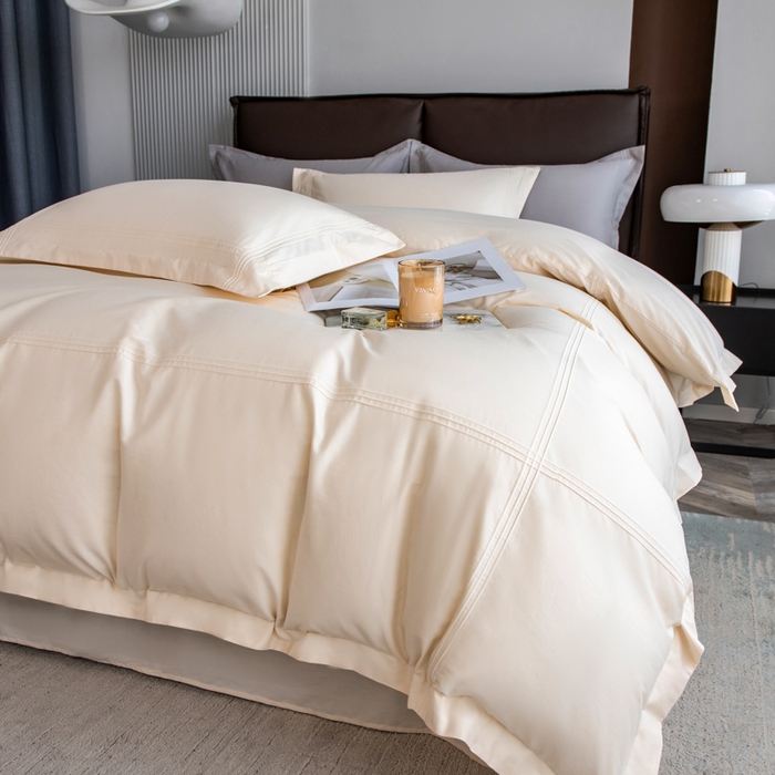 91家纺网 家纺一手货源 找家纺 丝幔 2025新款60S长绒棉埋绳全棉四件套系列 奶昔白