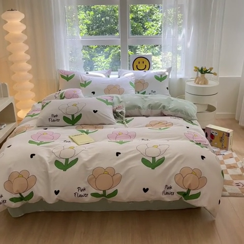 91家纺网 家纺一手货源 找家纺 集布 2023新款12868全棉喷气印花四件套 粉朵