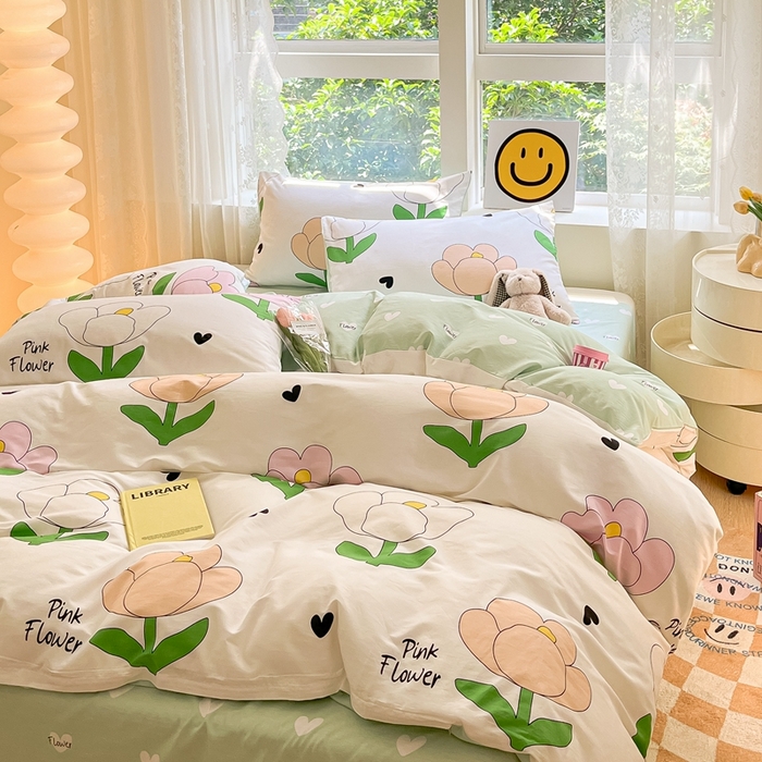 91家纺网 家纺一手货源 找家纺 集布 2023新款12868全棉喷气印花四件套 粉朵