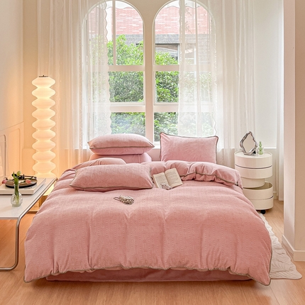 金爱家 2023新款半消光牛奶绒立体雕花牛奶绒四件套 迷你兔-少女粉