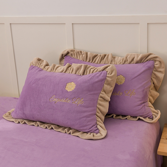 91家纺网 家纺一手货源 找家纺 氧家 2025款韩版纯色双层花边加厚牛奶绒四件套  素颜-熏韵紫