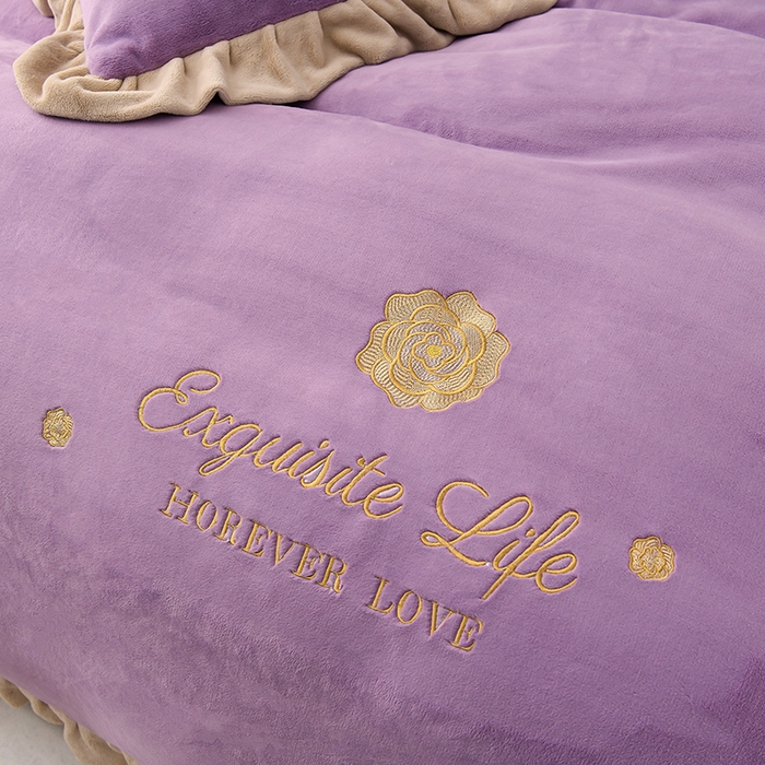 91家纺网 家纺一手货源 找家纺 氧家 2025款韩版纯色双层花边加厚牛奶绒四件套  素颜-熏韵紫