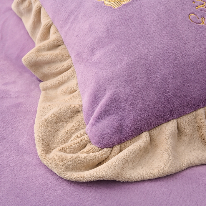 91家纺网 家纺一手货源 找家纺 氧家 2025款韩版纯色双层花边加厚牛奶绒四件套  素颜-熏韵紫