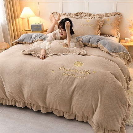 氧家 2025款韩版纯色双层花边加厚牛奶绒四件套  素颜-卡琪