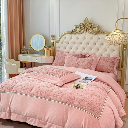 91家纺网 家纺一手货源 找家纺 首尔家纺 2023新款兔兔绒雕花四件套 兔绒提花款-浅豆沙