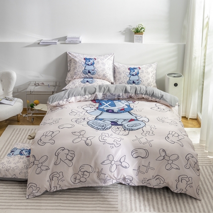 91家纺网 家纺一手货源 找家纺 色鬼布艺 2023新款水洗天丝四件套 公仔 白