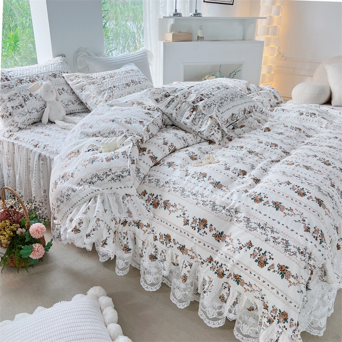 91家纺网 家纺一手货源 找家纺 胜权家纺 2024新款13372全棉夹棉宫廷风皇冠蕾丝床裙 桔梗