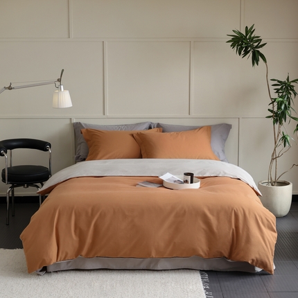 91家纺网 家纺一手货源 找家纺 2023新款A类加厚50s超柔全棉长绒棉磨毛四件套 暖橙+米灰