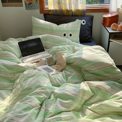 91家纺网 家纺一手货源 找家纺 （总）蜜宿 2025新款大眼睛条纹全棉色织水洗棉四件套纯棉