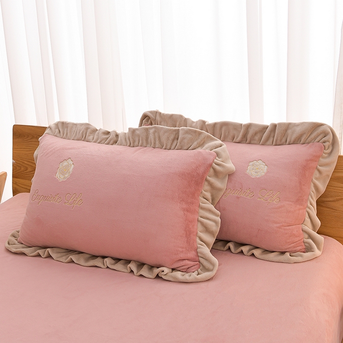 91家纺网 家纺一手货源 找家纺 氧家 2025款韩版纯色双层花边加厚牛奶绒四件套  素颜-浅豆沙