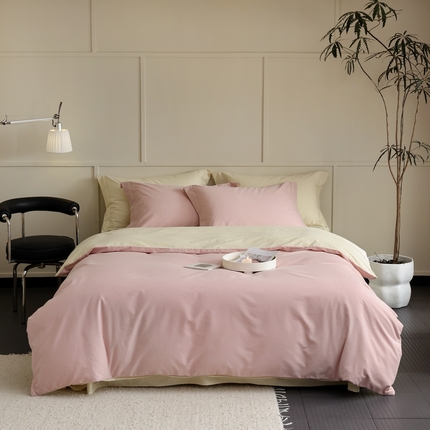 91家纺网 家纺一手货源 找家纺 2023新款A类加厚50s超柔全棉长绒棉磨毛四件套 浅粉+米黄