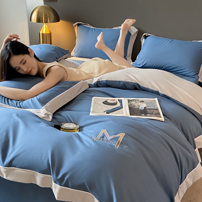 91家纺网 家纺一手货源 找家纺 遇见家居生活馆 2023新款亲肤棉磨毛刺绣四件套 玛利亚-宾利蓝