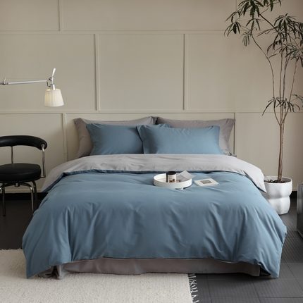 91家纺网 家纺一手货源 找家纺 2023新款A类加厚50s超柔全棉长绒棉磨毛四件套 夜色蓝+银灰