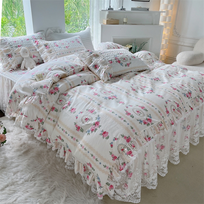 91家纺网 家纺一手货源 找家纺 胜权家纺 2024新款13372全棉夹棉宫廷风皇冠蕾丝床裙 花镜